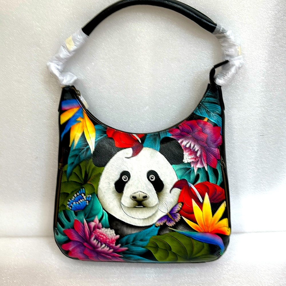 🎁 Anuschka Hand Painted Leather Large Hobo Bag Panda New